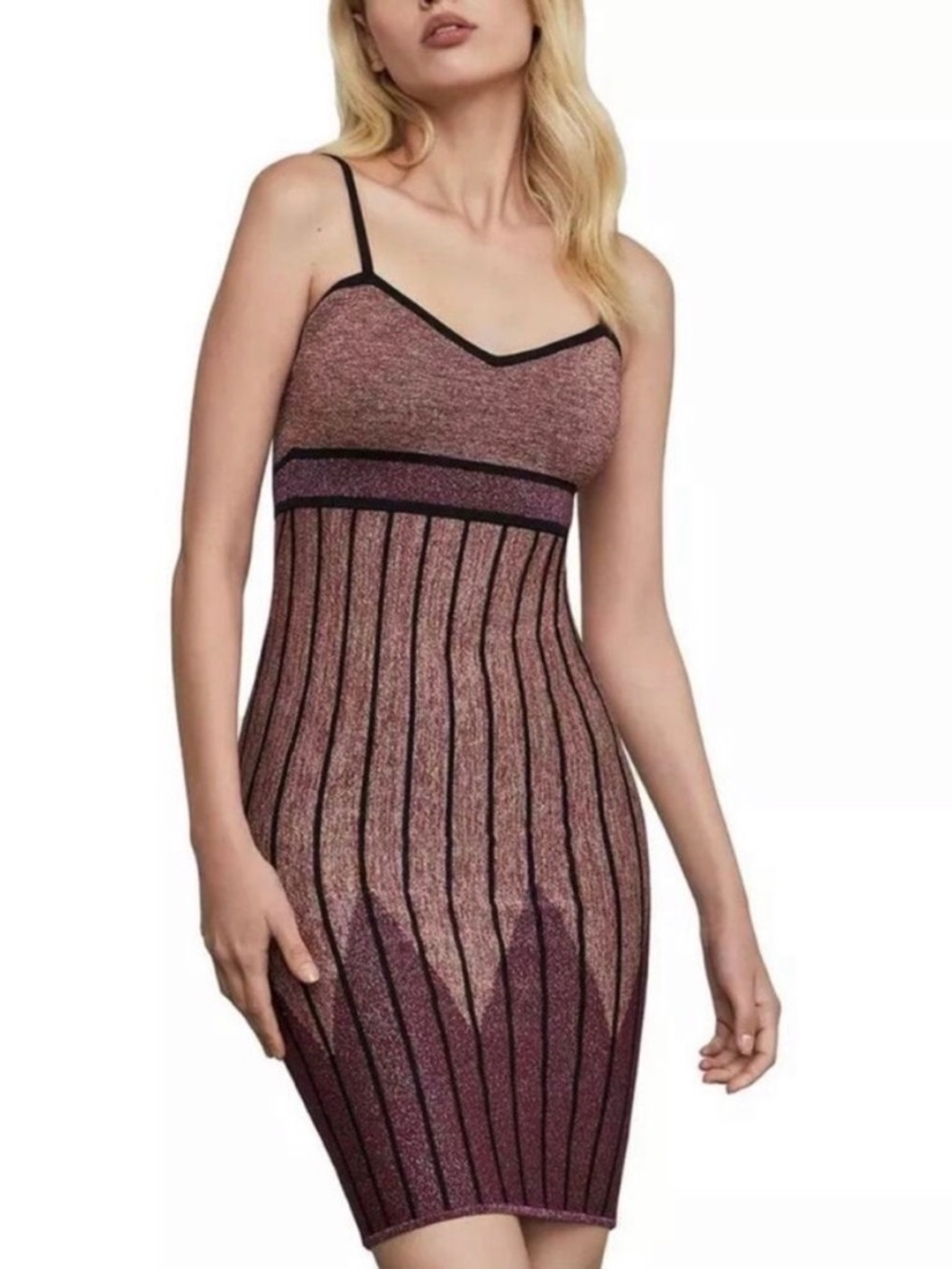 BCBGMaxAzria XXS Sexy Pink Metallic Sparkly Bodycon Knit Strappy Dress NWT